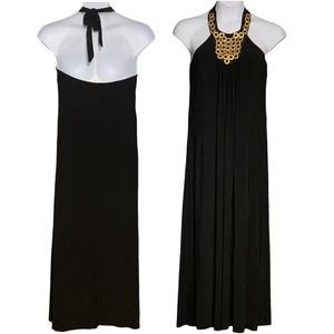 Lennie for Nina Leonard Sz Large Black Long Dress Y2K Gold Glam Halter Neckline